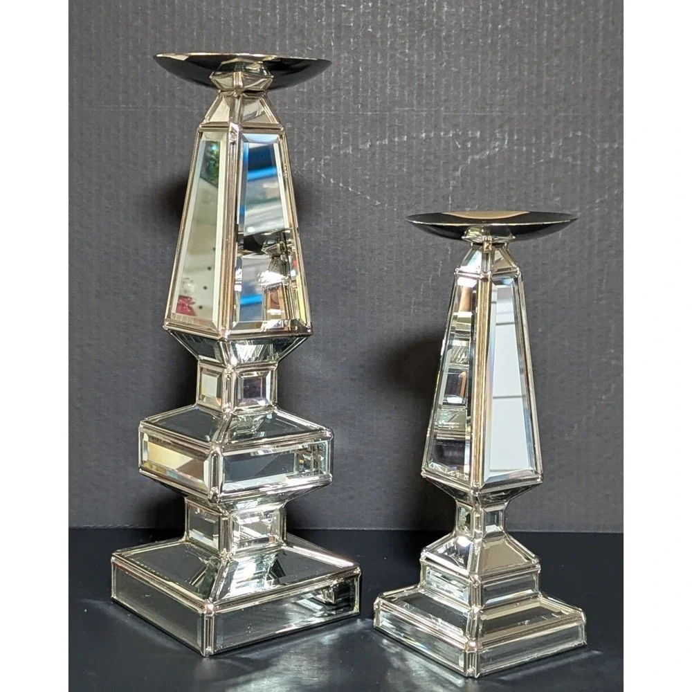 Pier One Silver Mirrored Geometrically Stacked Candlesticks Felt Bottom Set of 2